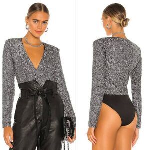 Bardot Leotard Bodysuit Women's Small Siren Silver Sequined Long Sleeve Hipster